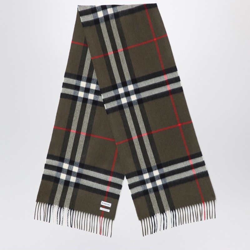 BURBERRY Elegant Dark Green Cashmere Scarf with Check Pattern