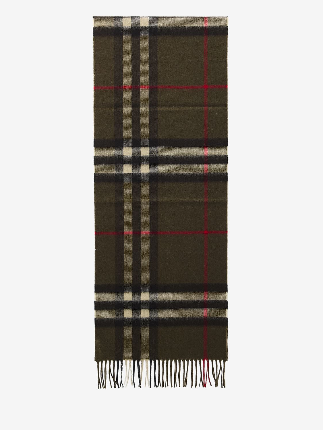 BURBERRY Classic Khaki Green Cashmere Scarf (168x30cm)