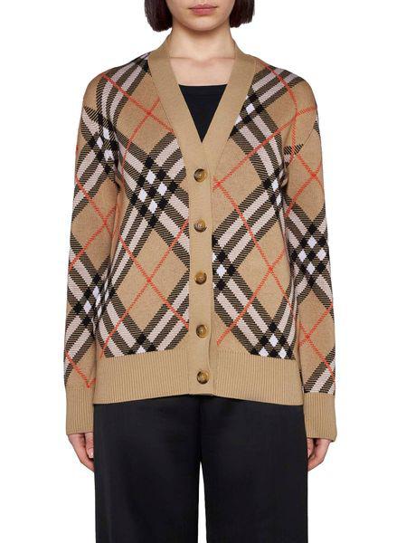 BURBERRY Check Wool Blend V-Neck Cardigan