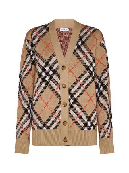 BURBERRY Check Wool Blend V-Neck Cardigan