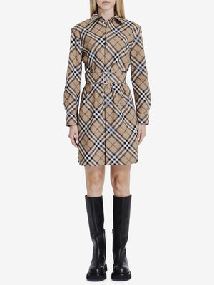 BURBERRY Checked Wool Blend Mini Chemisier Dress