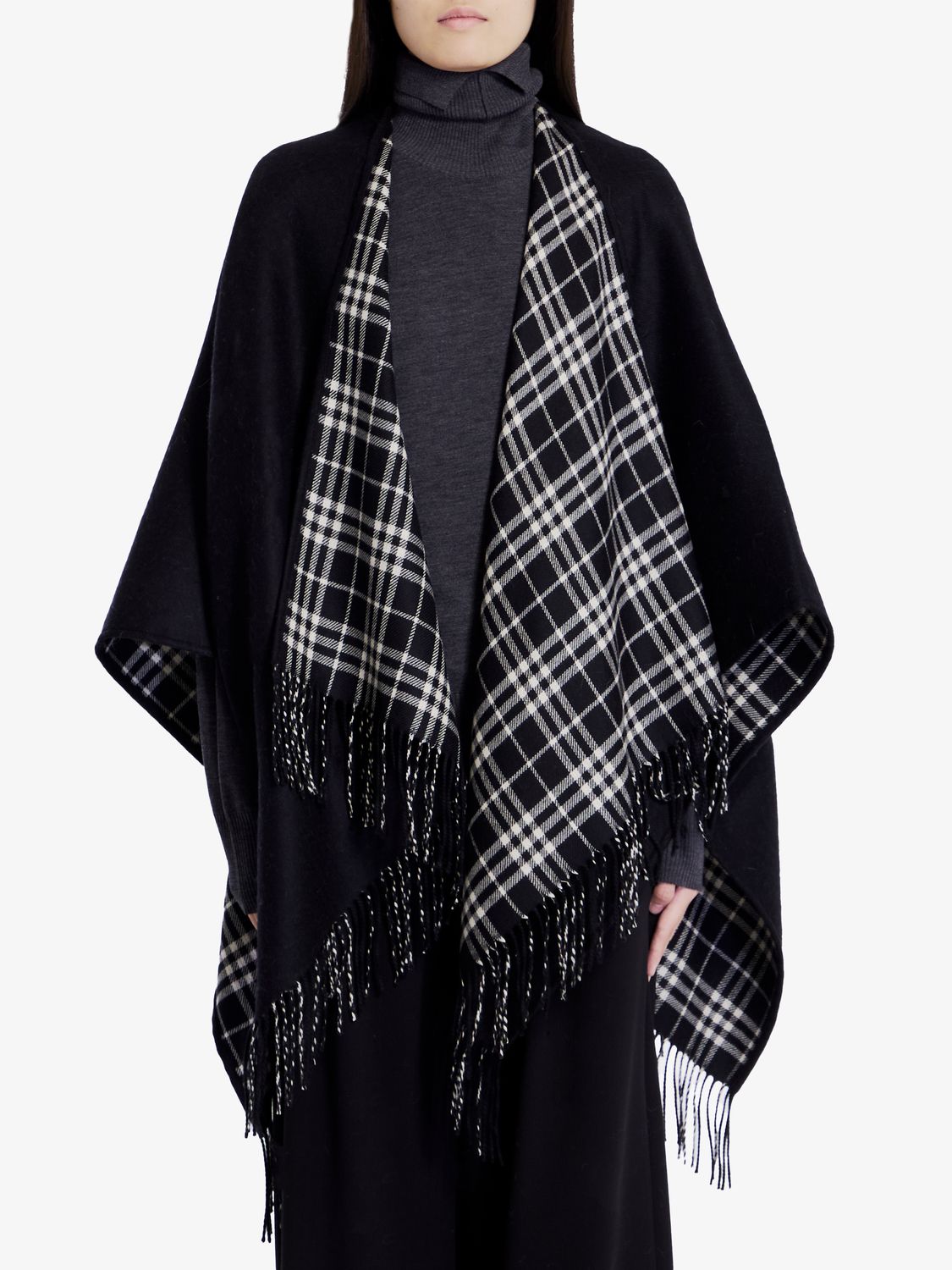 BURBERRY Elegant Black Wool Cape with Fringed Hems