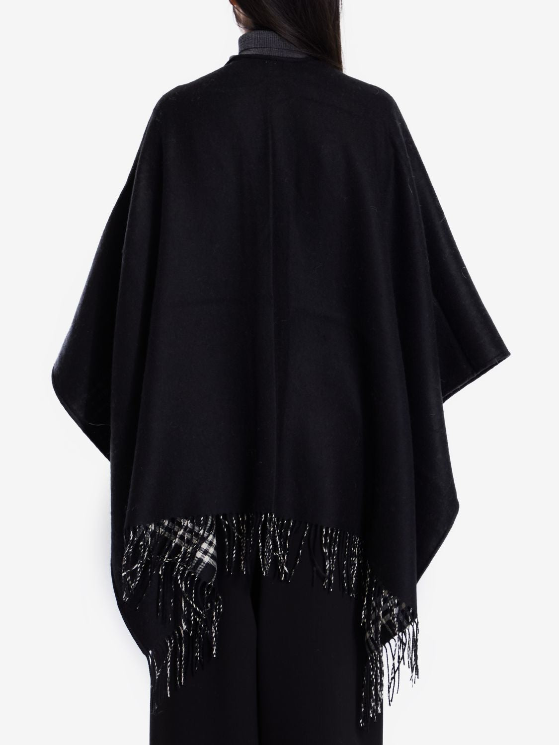 BURBERRY Elegant Black Wool Cape with Fringed Hems