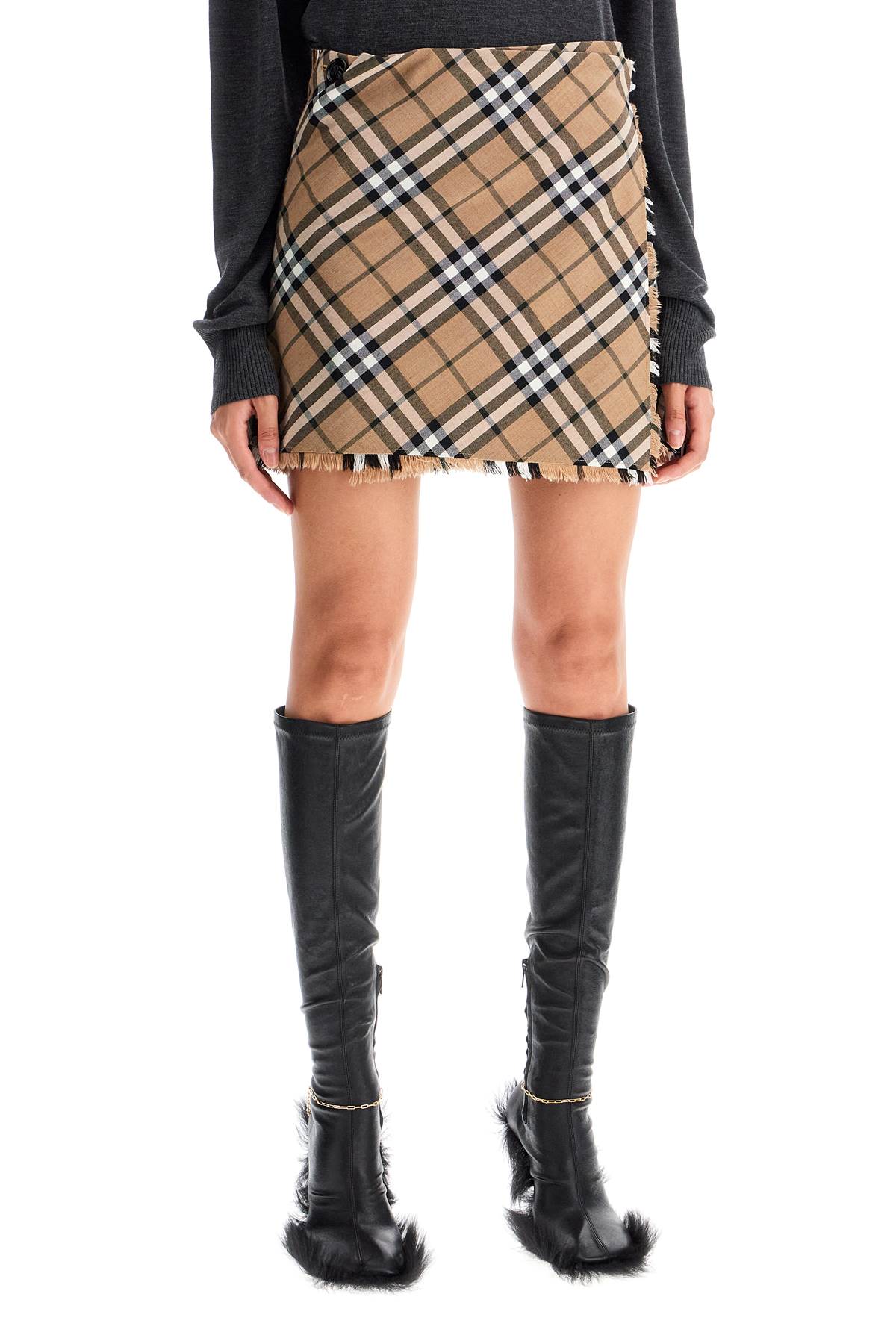 BURBERRY Belted Mini Skirt with Check Pattern and Fringe Detail