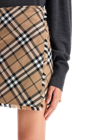 BURBERRY Belted Mini Skirt with Check Pattern and Fringe Detail