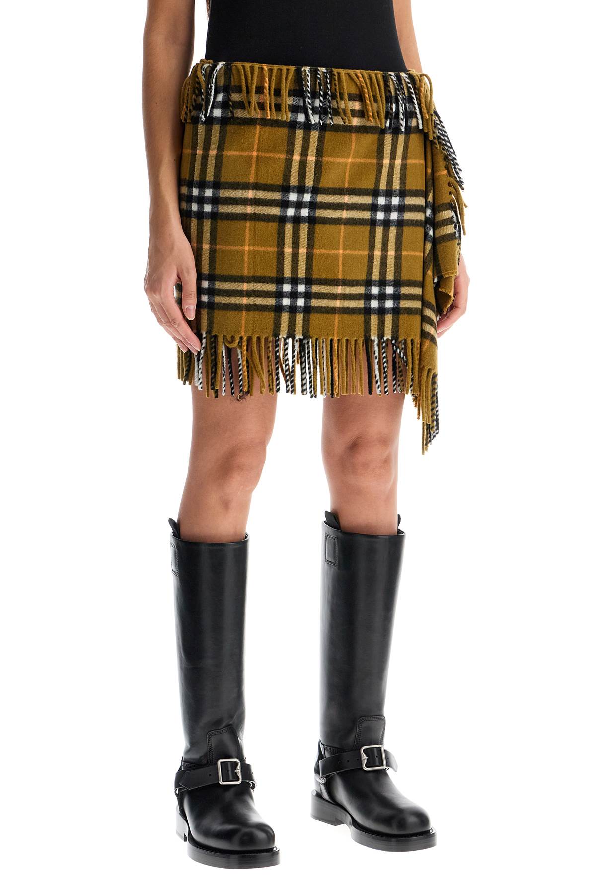 BURBERRY Check Pattern Wool Skirt with Decorative Buckle Detail