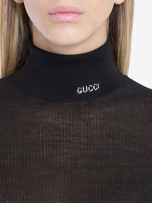 GUCCI High-Neck Semi-Sheer Ribbed Cashmere and Silk Blend Top