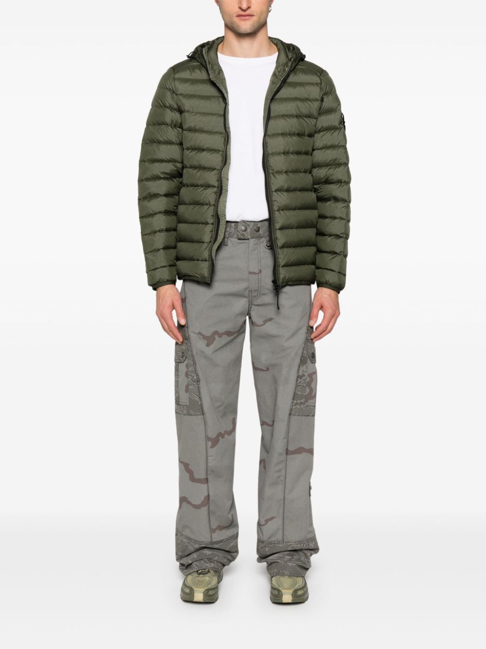 STONE ISLAND Sage Green Quilted Down Jacket with Detachable Hood