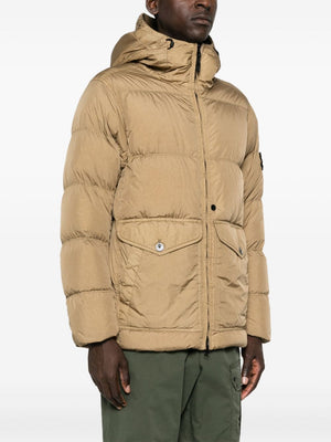 STONE ISLAND Eco-Conscious Camel Brown Down Jacket with Detachable Hood