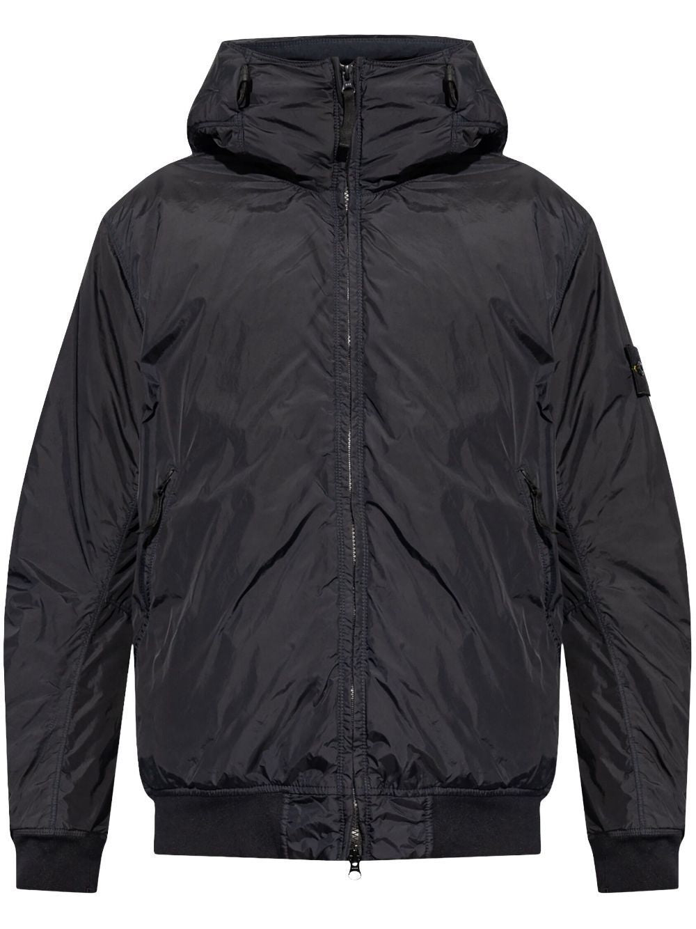 STONE ISLAND Navy Blue Hooded Zip-Up Jacket with Detachable Emblem