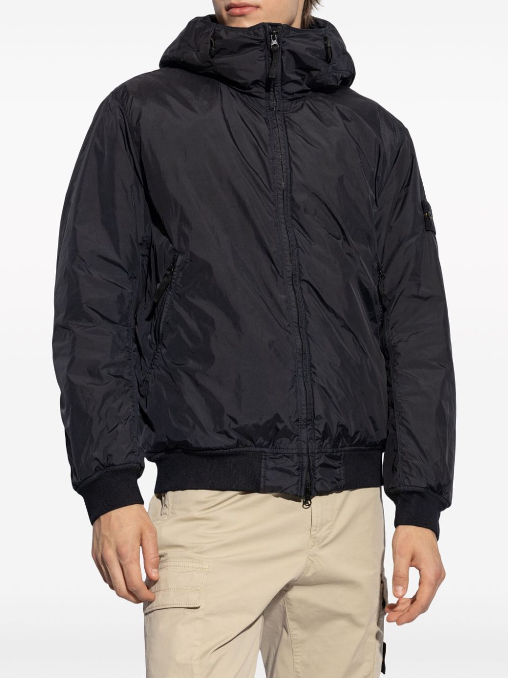 STONE ISLAND Navy Blue Hooded Zip-Up Jacket with Detachable Emblem