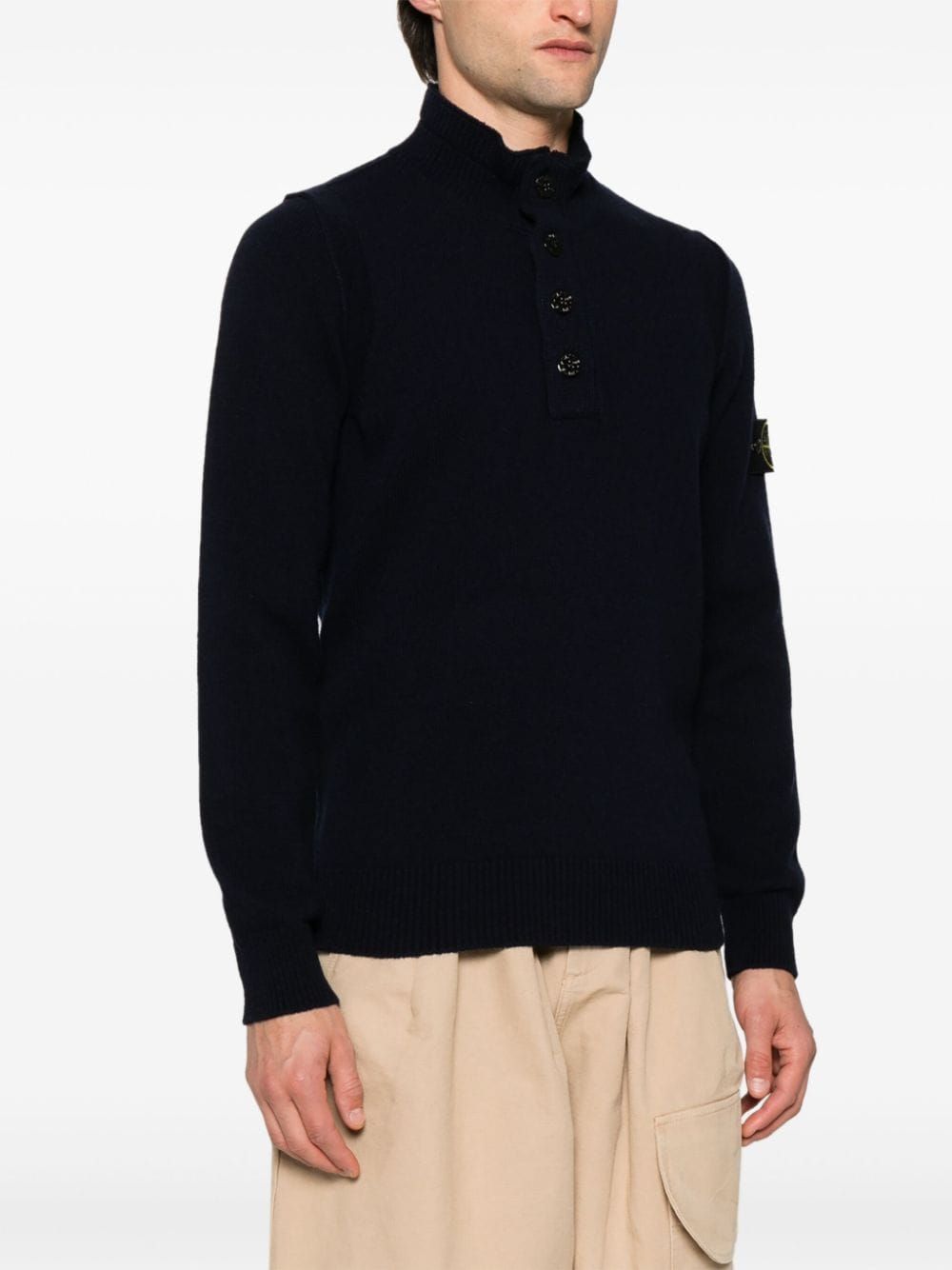 STONE ISLAND Navy Blue Wool Blend Knit Sweater