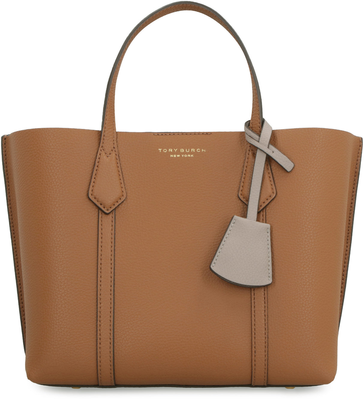 TORY BURCH Small Perry Beige Grained Leather Tote with Gold-Tone Accents and Convertible Strap