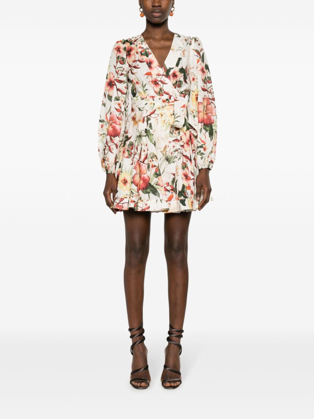 Floral Wrap Mini Dress in Linen Canvas with Billow Sleeves and V-Neckline