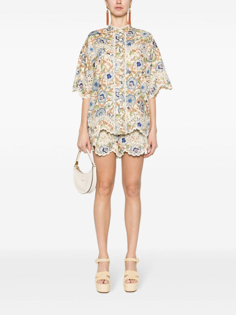 Floral Embroidered Cotton Shirt with Eyelet Detailing and Scalloped Hem