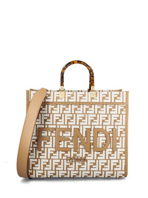 FENDI Sunshine Medium Raffia and Leather Tote - Tan