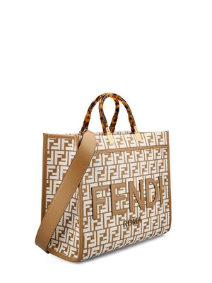 FENDI Sunshine Medium Raffia and Leather Tote - Tan