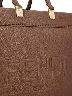 FENDI Sunshine Medium Brown Pebbled Calfskin Tote with Gold-Tone Accents and Suede Lining