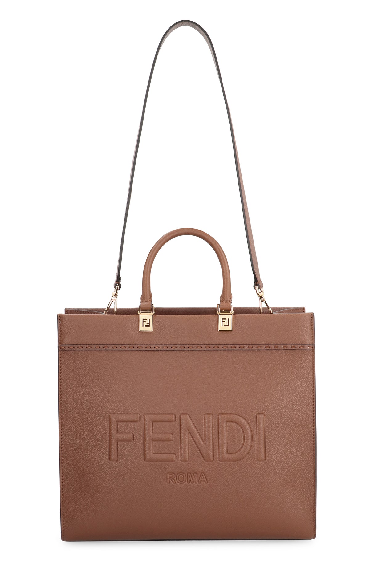 FENDI Sunshine Medium Brown Pebbled Calfskin Tote with Gold-Tone Accents and Suede Lining