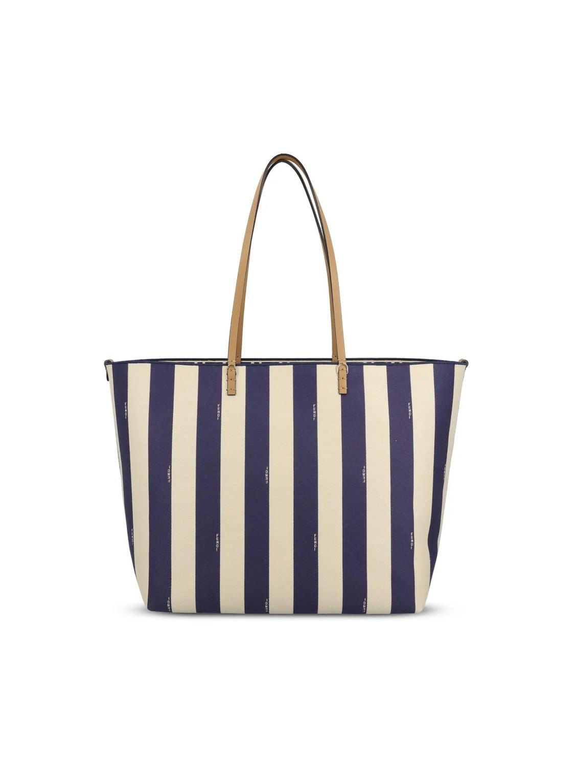 FENDI Reversible Large Striped Navy Jacquard Tote with Leather Accents and Gold-Tone Hardware