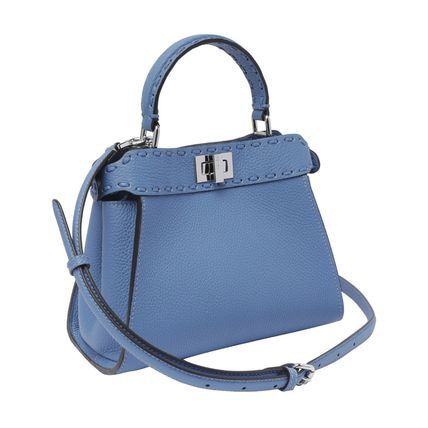 FENDI Light Blue Grained Leather Mini Handbag with Tone-on-Tone Stitching and Palladium Hardware