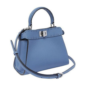 Light Blue Leather Handbag with Swivel Fastening and Macro Stitching