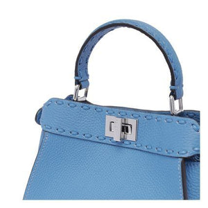 Light Blue Leather Mini Handbag with Handmade Stitching and Palladium-Coloured Hardware