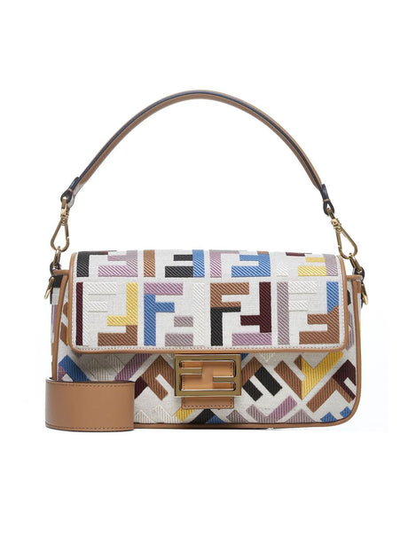 FENDI Medium Multicoloured Canvas Baguette Handbag with Embroidered Pattern