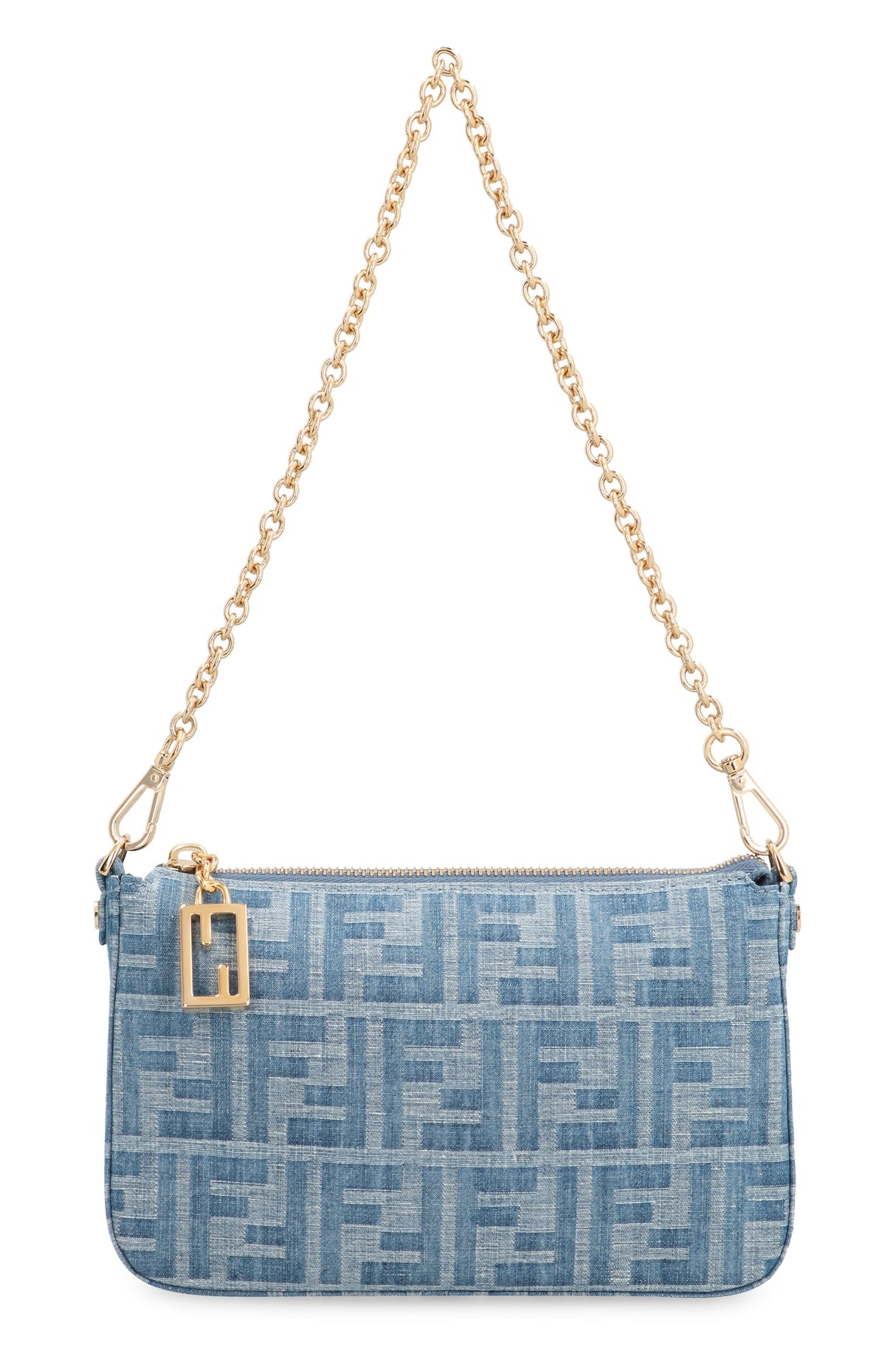 FENDI Denim Mini Baguette Handbag with Chain Handle, 20x13x3 cm