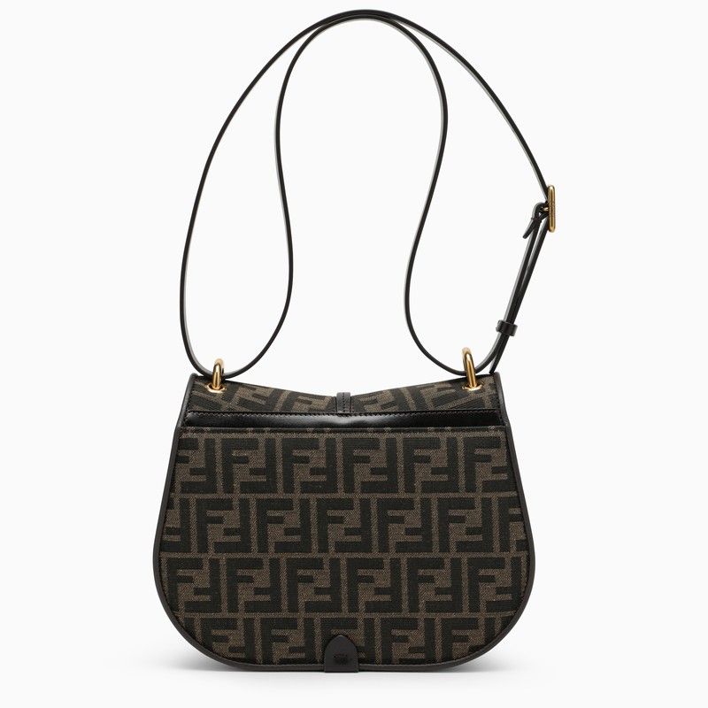 FENDI Brown Jacquard Medium Crossbody Handbag with Leather Accents and Gold-Tone FF Logo Closure