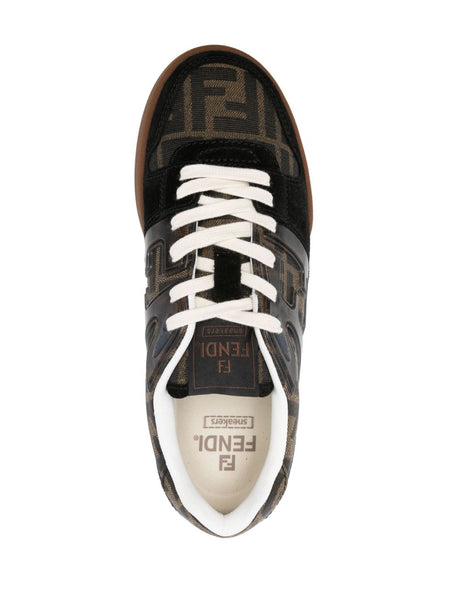 FENDI brown canvas sneakers for women with suede, monogram pattern, and branded details