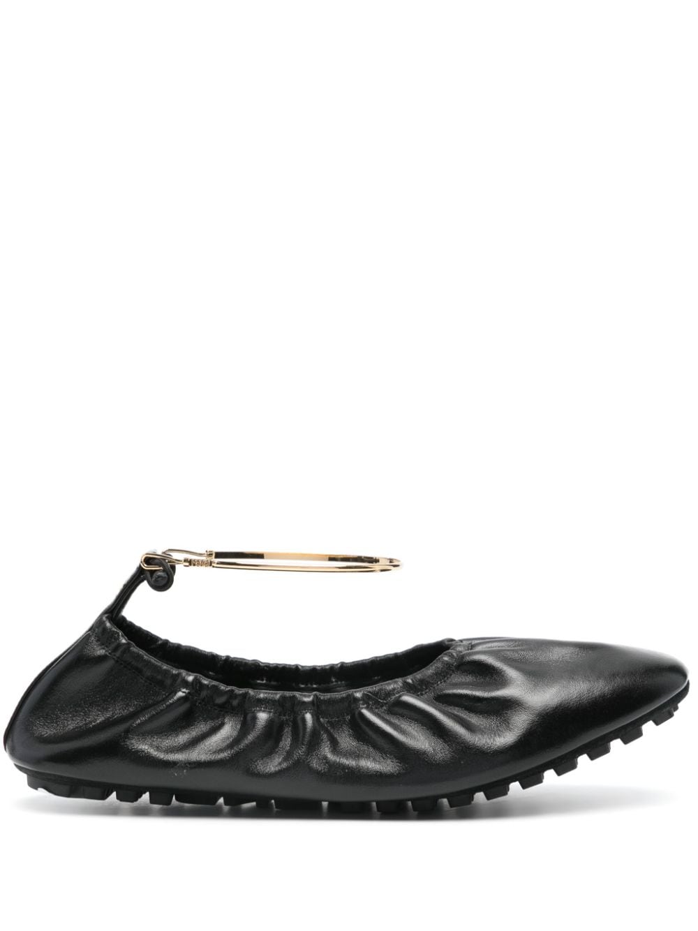 FENDI Black Leather Ballet Flats with Ruched Detail and FF Motif Anklet for Women
