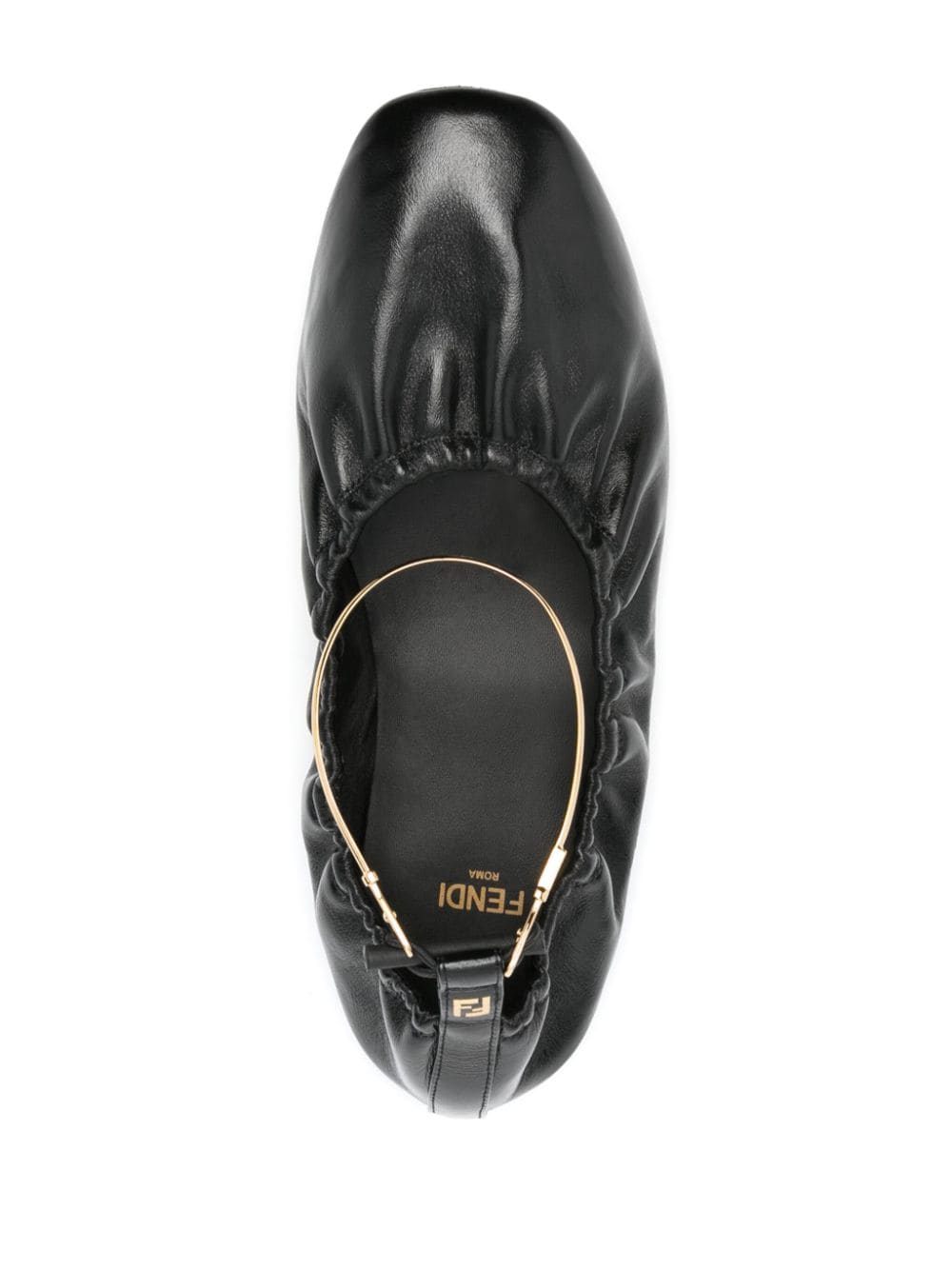 أحذية باليه جلد سوداء للنساء مزينة بتفاصيل مجعدة وسوار الكاحل بنقشة FF