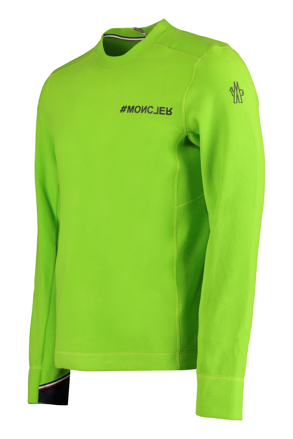 MONCLER GRENOBLE Men's Green Fleece Sweatshirt with Contrasting Color Logo and Thumbhole Cuff