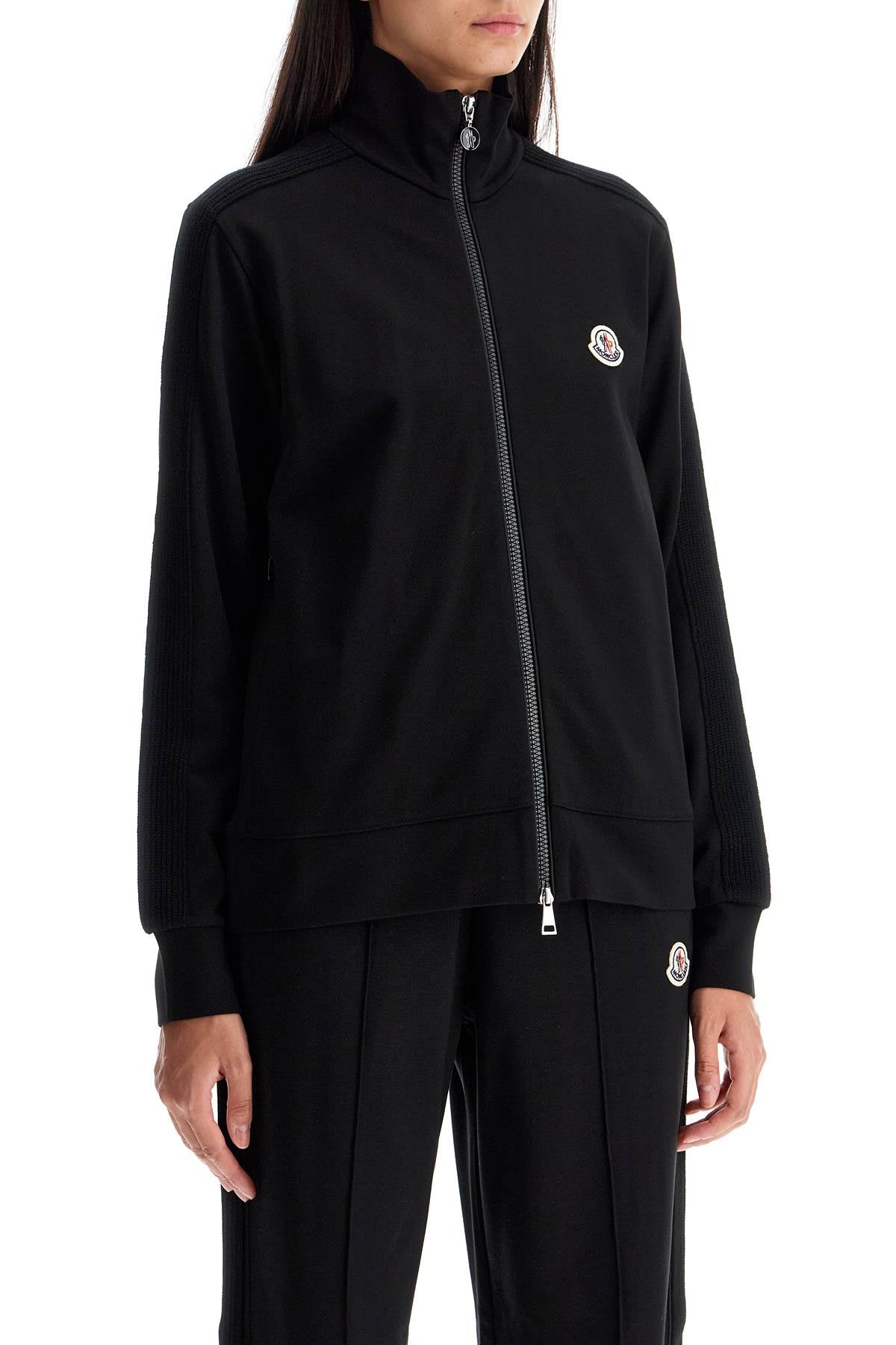 MONCLER High-Neck Zip-Up Sweatshirt with Knit Bands - Size XS