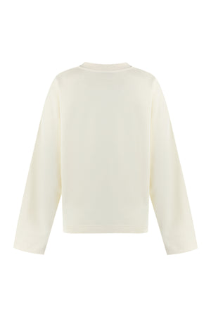 女性用ホワイトコットンスウェットシャツ：ロゴディテール、リブエッジ、サイドスリット付き