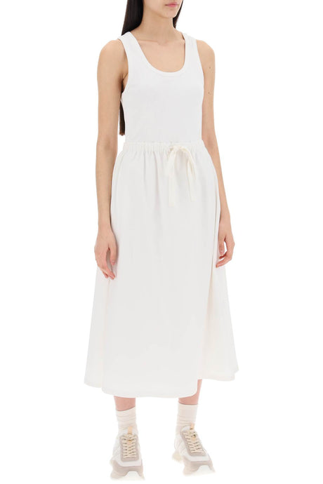 MONCLER White Two-Tone Midi Dress for Women - Stretch Cotton and Poplin Construction with Adjustable Drawstring Waist and Side Pockets