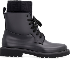 Black Combat Boots with Sock-Style Inner Detail and Faux Leather Material