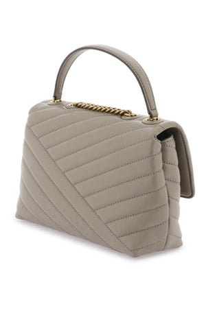 TORY BURCH Small Kira Chevron Quilted Leather Shoulder Bag in Gray with Iconic Metal Logo and Chain Strap