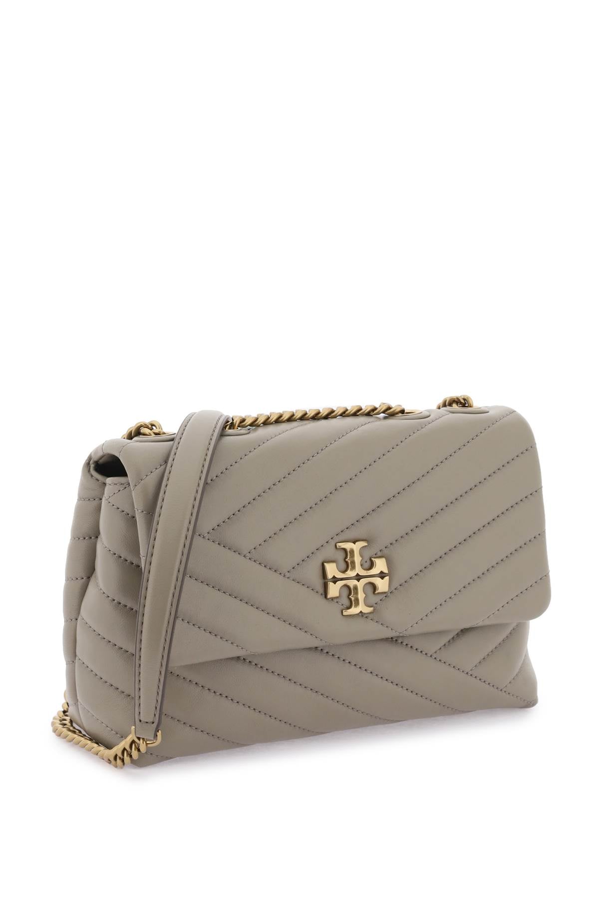 TORY BURCH Small Kira Chevron Quilted Leather Shoulder Bag in Gray with Iconic Metal Logo and Chain Strap