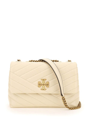 TORY BURCH Small Kira Tan Leather Chevron Quilted Shoulder Bag with Iconic Logo Clasp and Adjustable Chain Strap