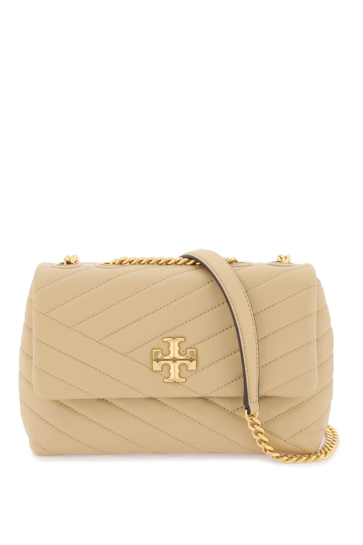 TORY BURCH Small Kira Quilted Leather Shoulder Bag in Tan with Chevron Detail and Adjustable Chain Strap