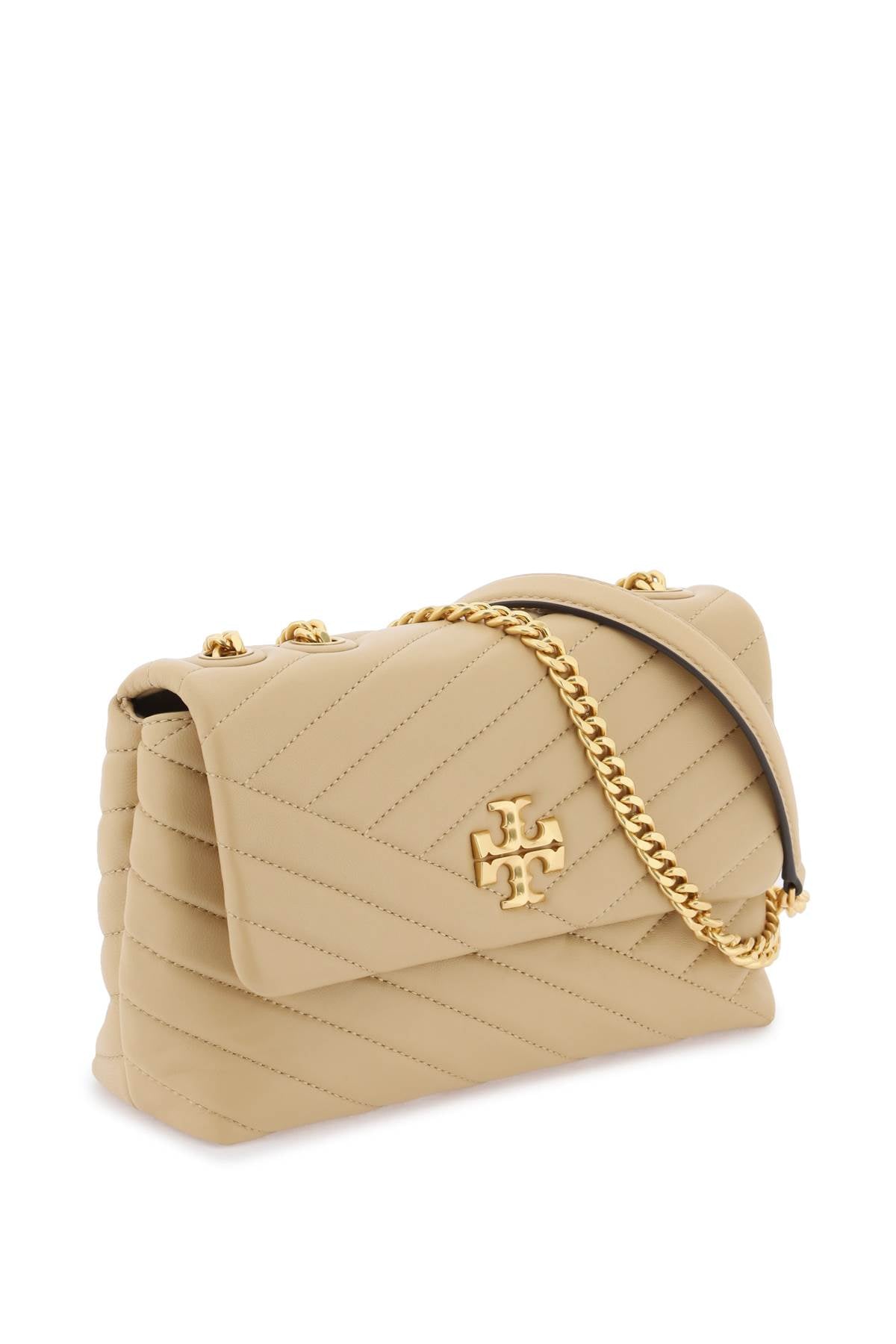 TORY BURCH Small Kira Quilted Leather Shoulder Bag in Tan with Chevron Detail and Adjustable Chain Strap