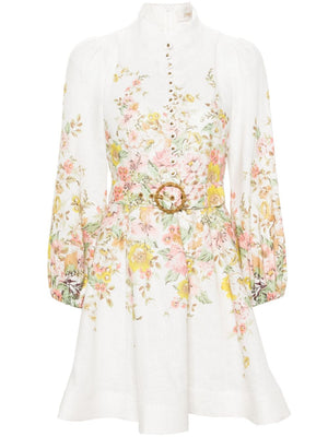 ZIMMERMANN Floral Print Linen Buttoned Mini Dress in Ivory White
