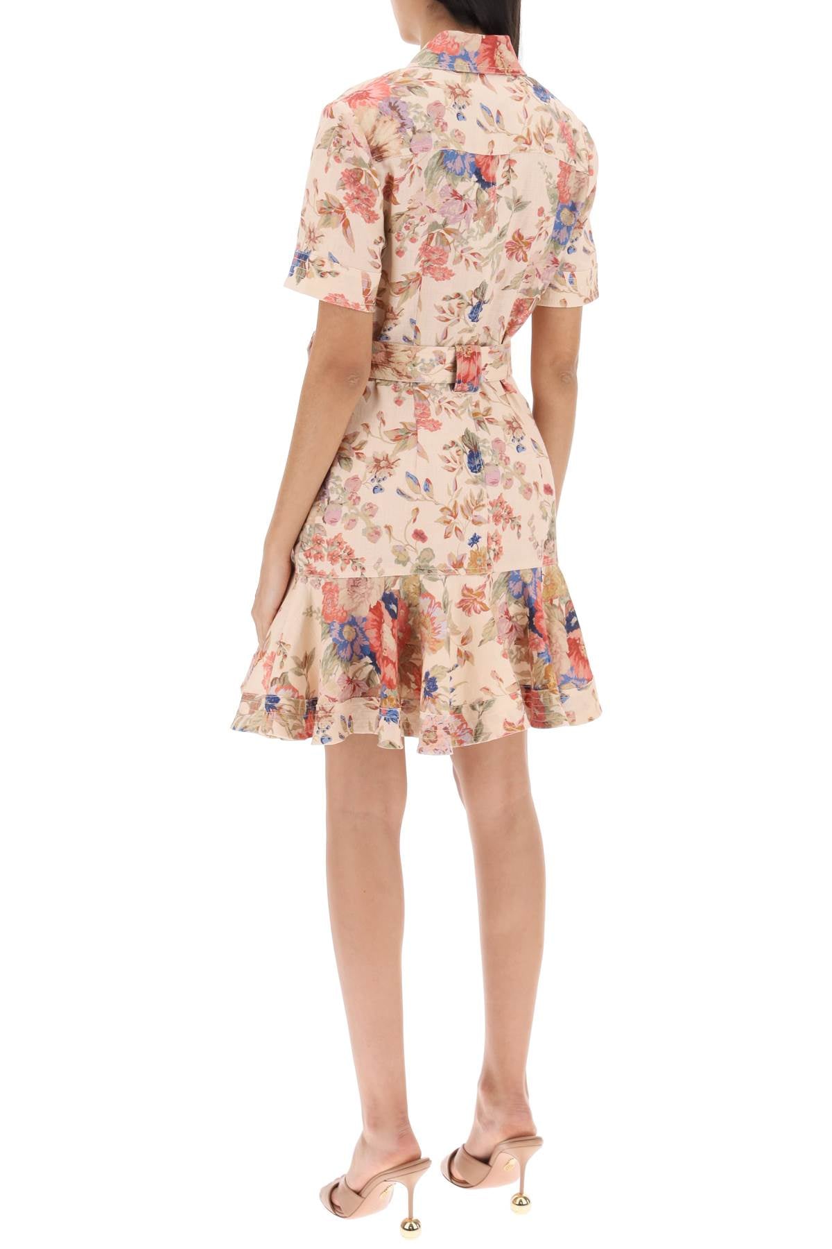 ZIMMERMANN Floral Print Belted Linen Mini Dress - Cream Floral Linen/Flax - Tonal Stitching - Short Sleeves - Peplum Hem - Above-Knee Length