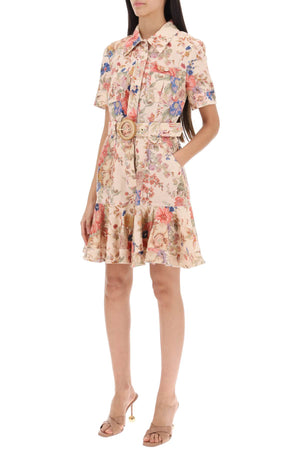 ZIMMERMANN Floral Mini Shirt Dress with Adjustable Belt in Linen