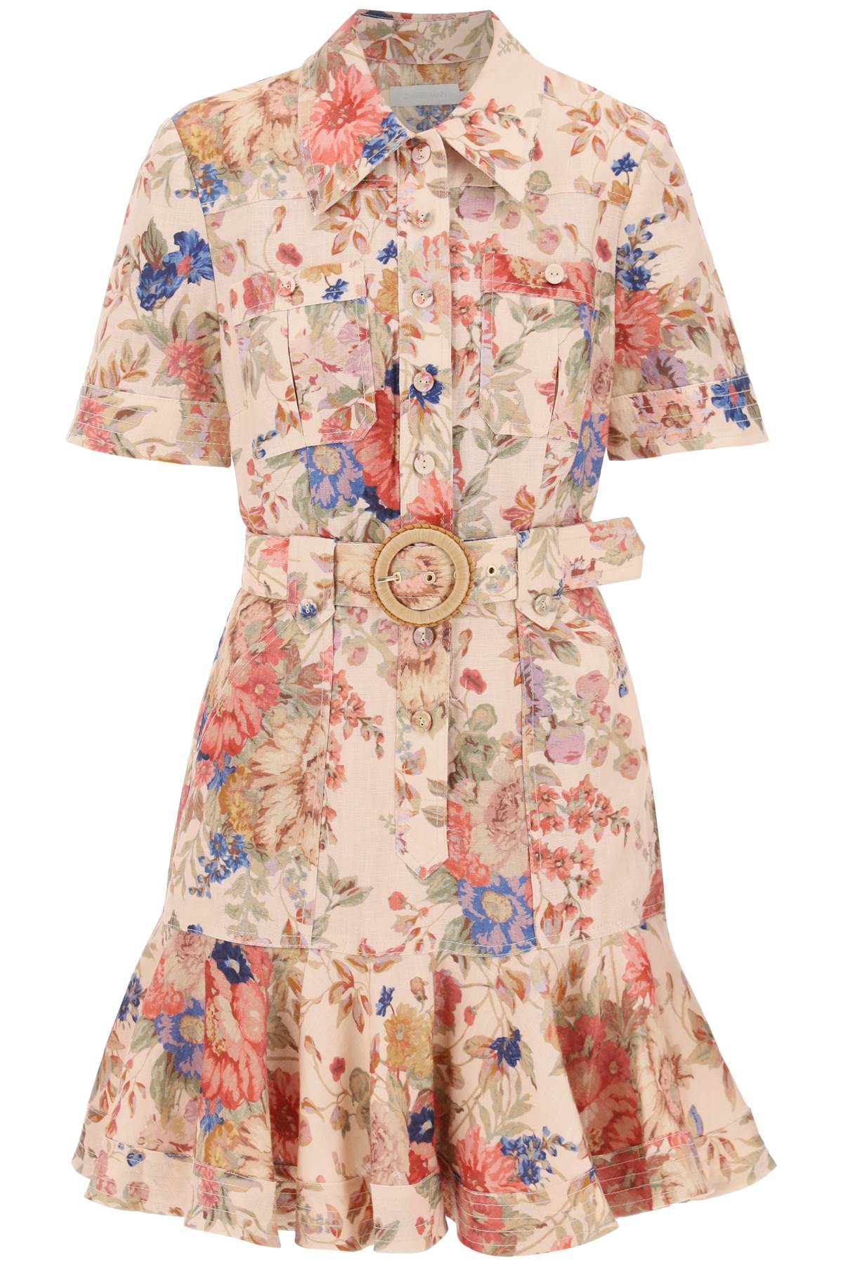 ZIMMERMANN Floral Mini Shirt Dress with Adjustable Belt in Linen