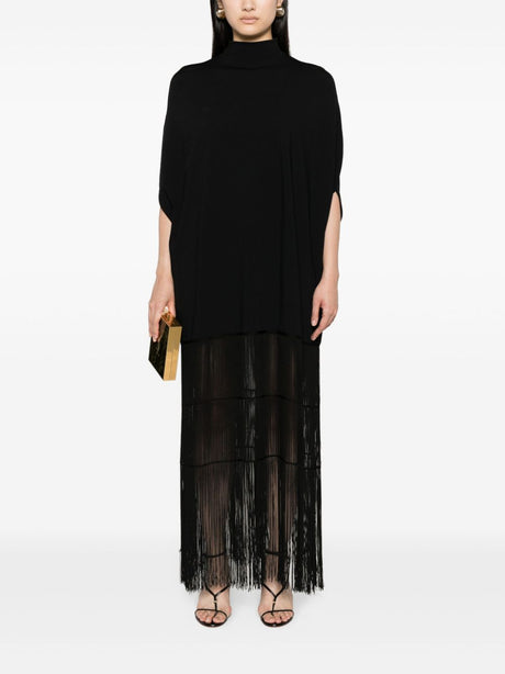 فستان أسود اللون مزين بالفرانج من السترة المطاطية للنساء - تفاصيل فريدة