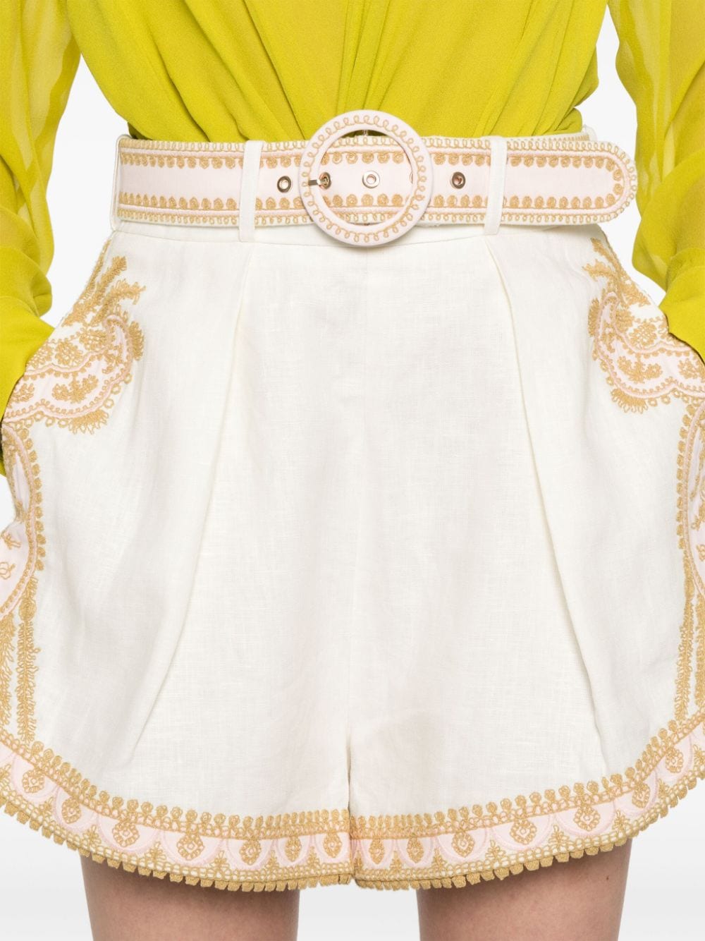 ZIMMERMANN Embroidered Cream Linen Shorts with Detachable Belt