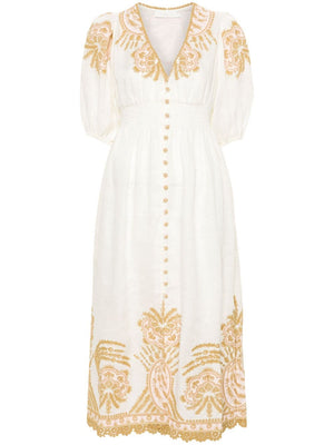 ZIMMERMANN Embroidered Cream Linen Midi Dress